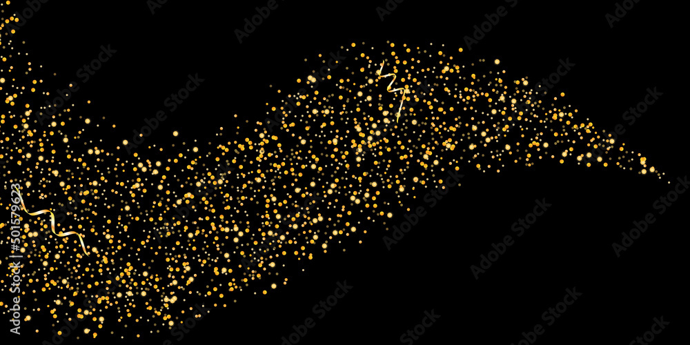 Gold glitter confetti on a black background. Serpentine. Shiny particles are scattered, sand. Decorative element. Luxury background for your design, postcards, invitations, vector
