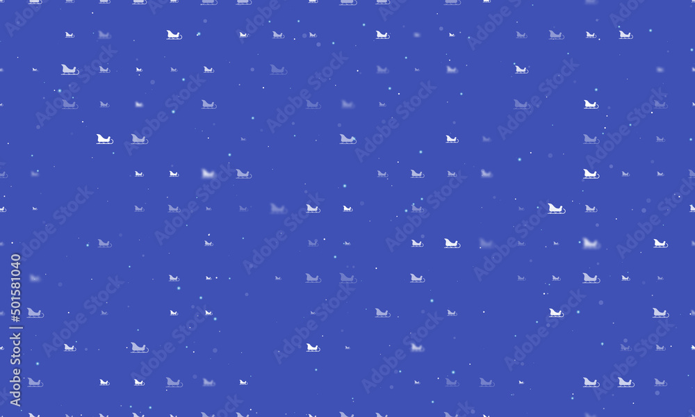 Seamless background pattern of evenly spaced white sleigh symbols of different sizes and opacity. Vector illustration on indigo background with stars