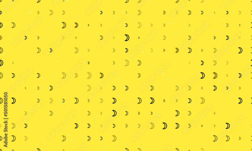 Seamless background pattern of evenly spaced black moon astrological symbols of different sizes and opacity. Vector illustration on yellow background with stars Seamless background pattern of evenly spaced black moon astrological symbols of different sizes and opacity. Vector illustration on yellow background with stars