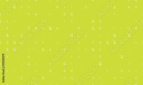 Seamless background pattern of evenly spaced white jupiter astrological symbols of different sizes and opacity. Vector illustration on lime background with stars