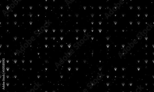 Seamless background pattern of evenly spaced white astrological neptune symbols of different sizes and opacity. Vector illustration on black background with stars