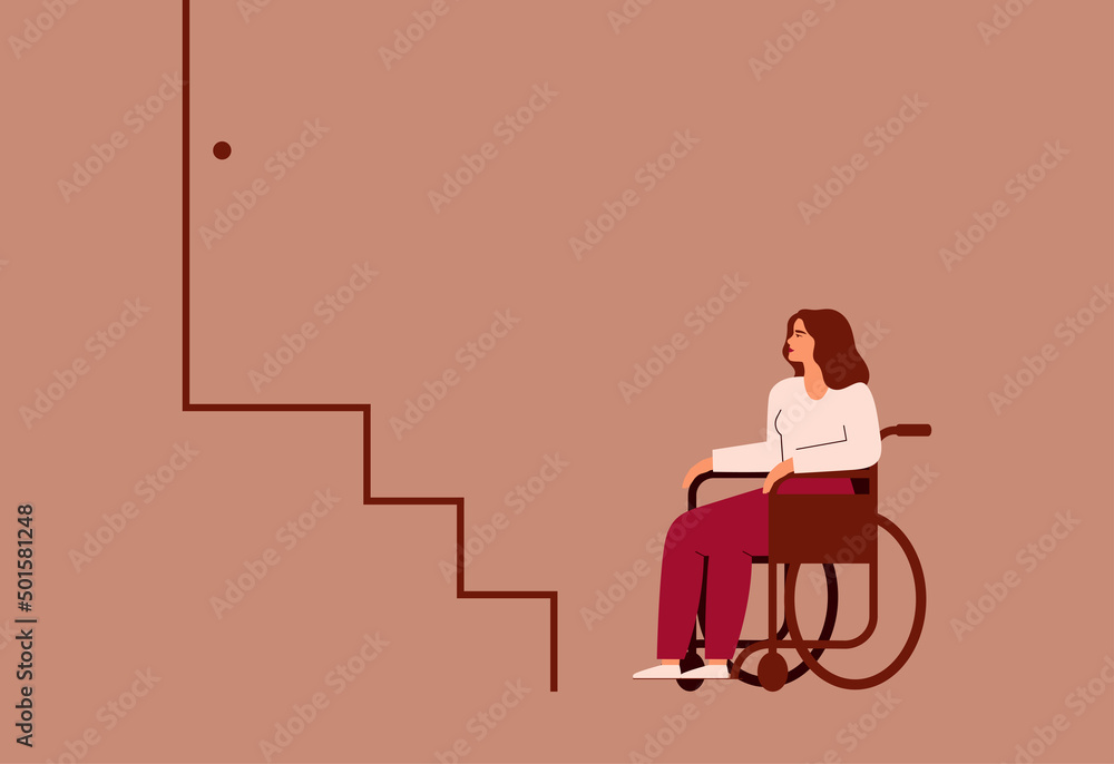 Woman with disability in the wheelchair stops near stairs. Female with mobility problem can't climb the stairs without ramp. Inaccessibility of urban infrastructure to persons who uses wheelchairs.