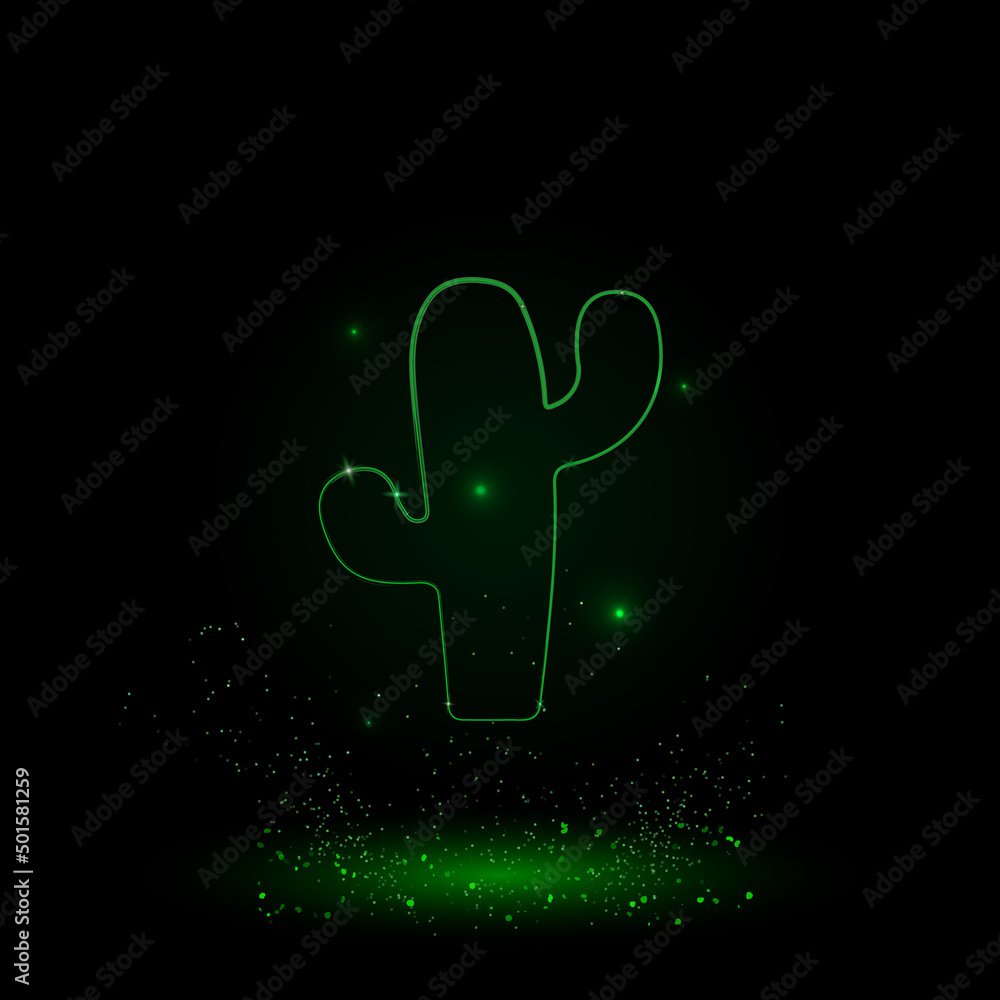 A large green outline cactus symbol on the center. Green Neon style. Neon color with shiny stars. Vector illustration on black background A large green outline cactus symbol on the center. Green Neon style. Neon color with shiny stars. Vector illustration on black background