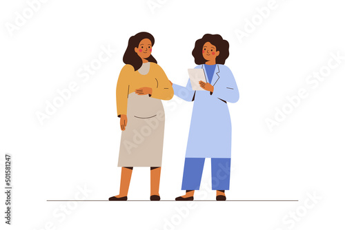 Pregnant woman visits her gynecologist in the hospital. Female doctor talks with woman expecting a baby. Concept of medical consultation and check up during pregnancy. Vector illustration