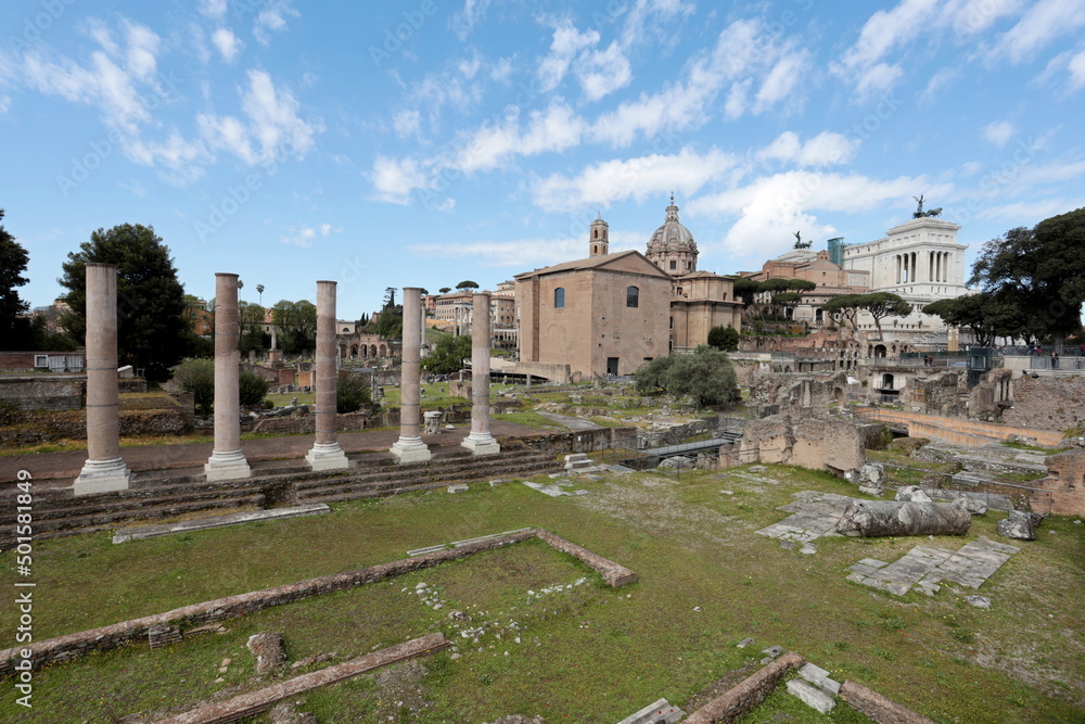 The Roman Forum in Rome, the ruins of the ancient Roman imperial city.
