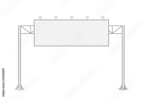 Big banner for outdoor advertising. Wide construction on two pillars with lamps. Vector realistic Mockup. Blank Billboard for urban design. White template. Front view.