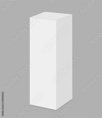 Vertical white box Mockup. Vector 3d realistic. Closed paper packaging on gray background. Blank template. Ready for your design. EPS10.