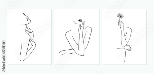 Set of Minimal line art woman with hand on face. Black Lines Drawing. - Vector illustration