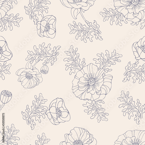 Gentle nude summer flower poppy pattern. Gray seamless pattern on a beige background. Graceful buds with leaves. Retro illustration in hand drawn style. For textile  packaging  background