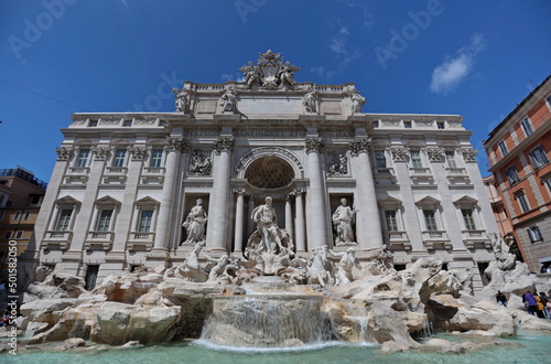 Rome, Italy - April 25, 2022: The magnificent Trevi Fountain in the historic city center.
