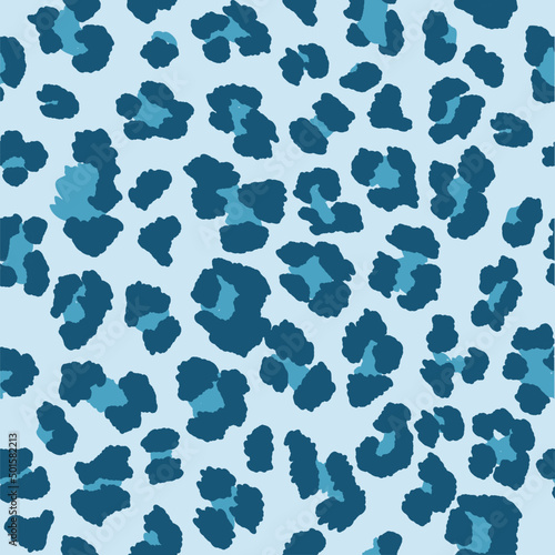 Seamless leopard pattern print in monochromatic shades of blue.