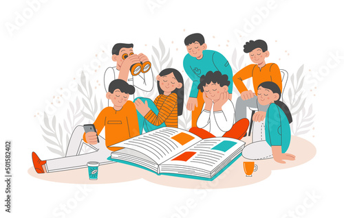 The concept of reading books, education, study. A group of happy people are reading one book. Vector flat illustration.