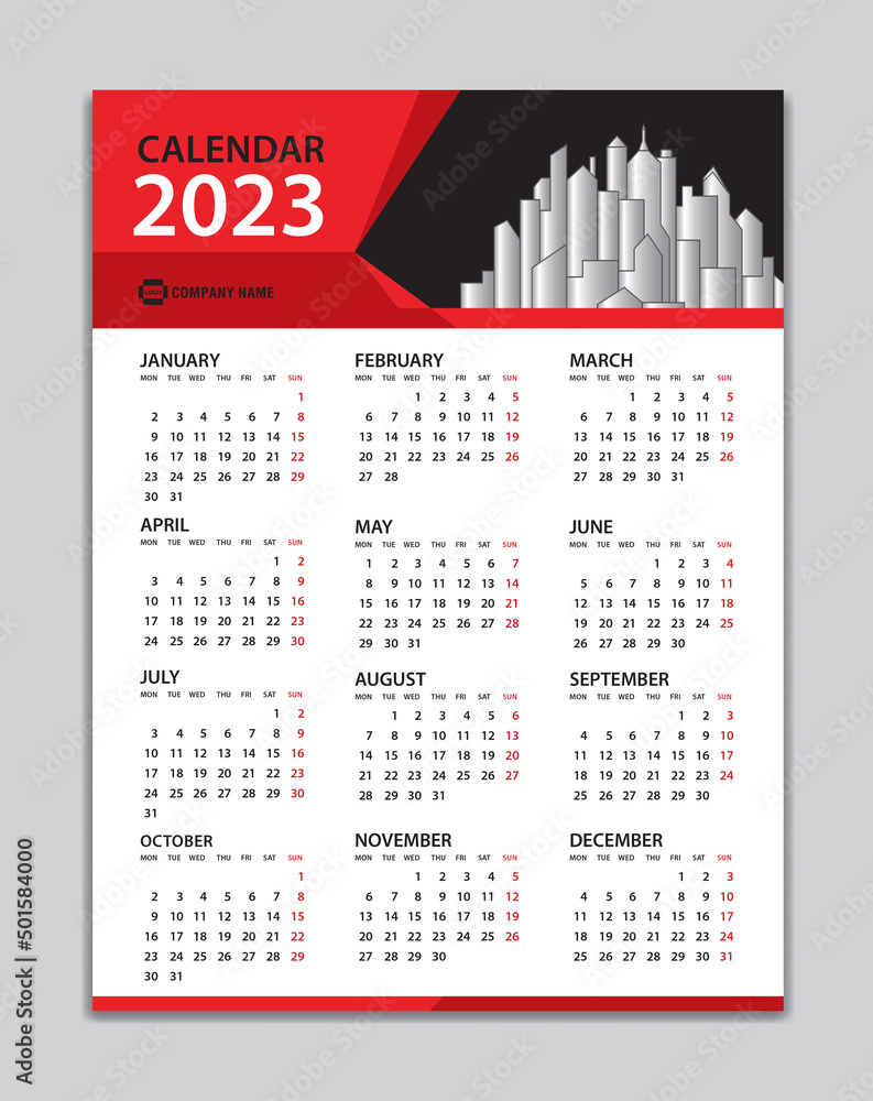Vettoriale Stock Calendar 2023 template, Wall Calendar 2023 year, Desk  Calendar 2023 Design, Week Start On Monday, Poster, Planner, Stationery,  Printing, vertical artwork, red polygon background concept | Adobe Stock