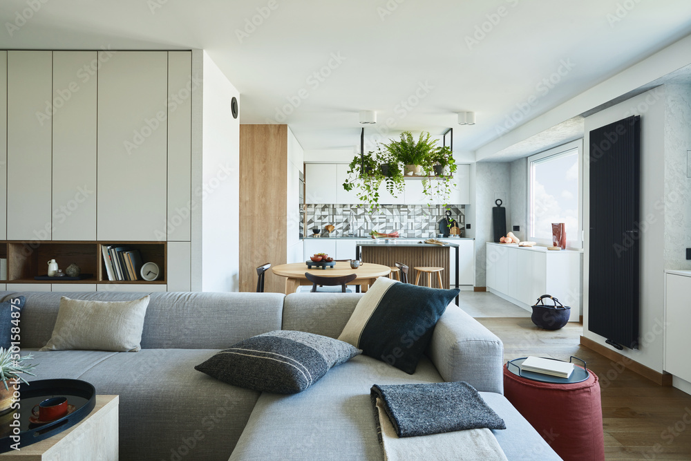 Stylish living room interior design with grey sofa, pouf and personal accessories. Dining space and kitchen on the background. Creative walls with pannels. Minimalistic style, plant concept. Stylish living room interior design with grey sofa, pouf and personal accessories. Dining space and kitchen on the background. Creative walls with pannels. Minimalistic style, plant concept.