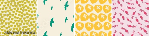 Set of seamless patterns in cutout style. Vector backgrounds