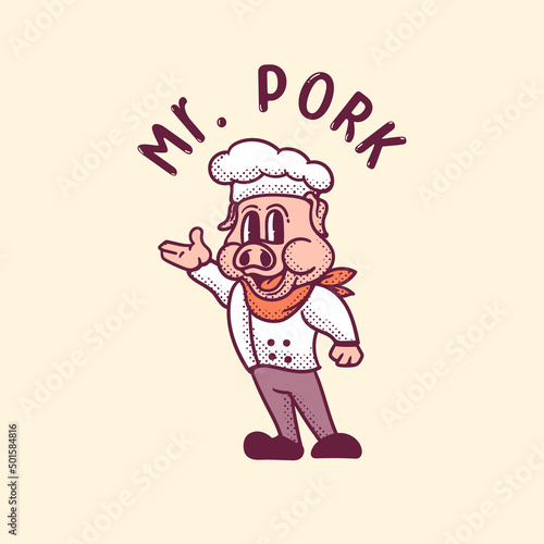 chef dress pig mascot illustration in vintage style