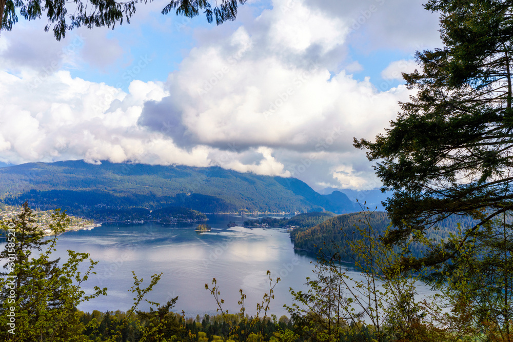 Spectacular forest and water scenery viewed from Burnaby Mountain Park, BC, during Spring.