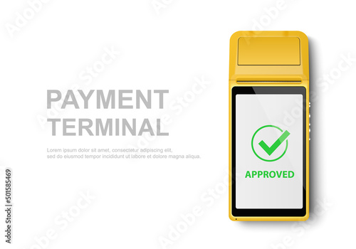 Vector Realistic 3d Yellow Touch Mobile Payment Machine. POS Terminal Closeup Isolated on White. Design Template of Bank Payment Wireless Contactless Terminal, Mockup. Payments device. Top View