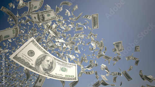 Εκτύπωση καμβά 100 USD banknotes (United States Dollar) flying on blue sky background, 3D Rende