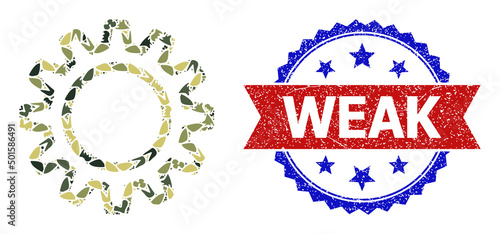 Military camouflage composition of contour gear icon, and bicolor grunge Weak seal. Vector seal with Weak text inside red ribbon and blue rosette, scratched bicolored style.