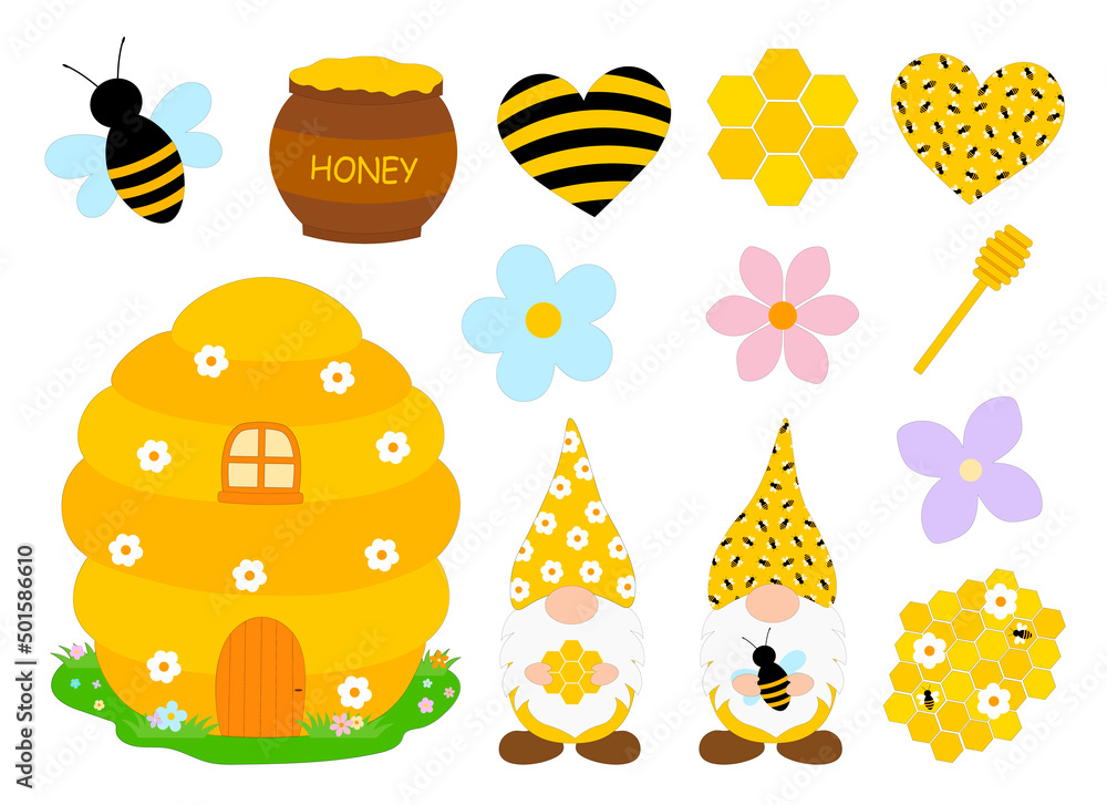 Fototapeta premium Gnomes bees honey vector illustration