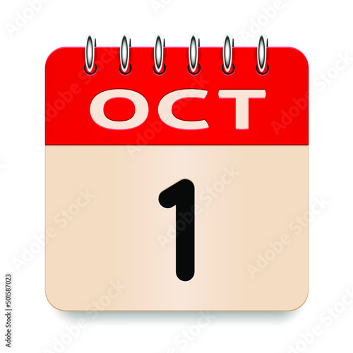 1 day of the month. October. Flip old formal calendar. 3d daily icon. Date. Week Sunday, Monday, Tuesday, Wednesday, Thursday, Friday, Saturday. Cut paper. White background. Vector illustration.