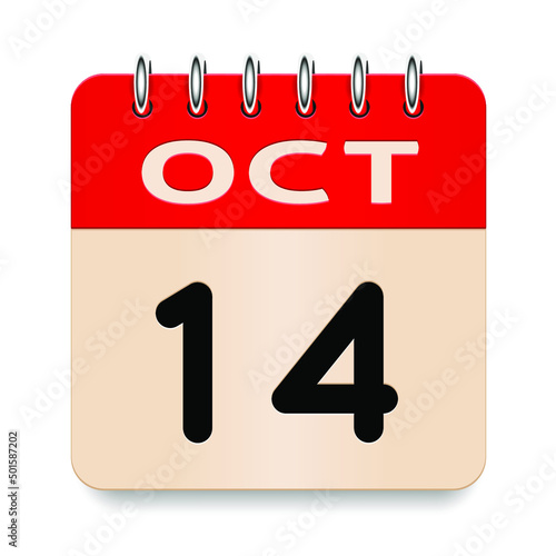 14 day of the month. October. Flip old formal calendar. 3d daily icon. Date. Week Sunday, Monday, Tuesday, Wednesday, Thursday, Friday, Saturday. Cut paper. White background. Vector illustration.