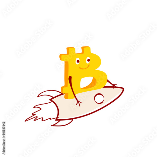 Bitcoin character flies on a rocket. Concept of Crypto currency. Vector cartoon illustration.