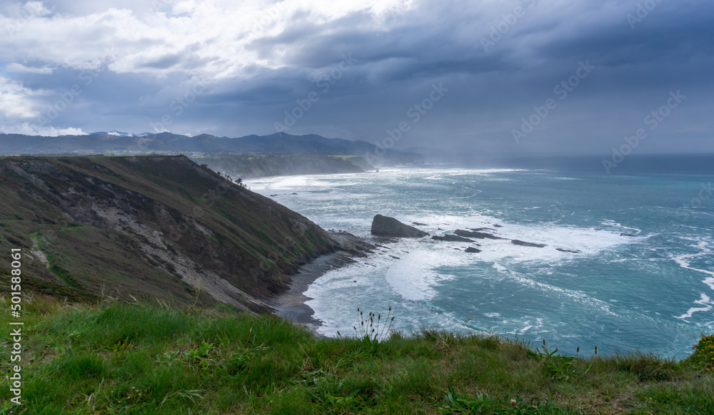 panorama view of the rugged cliffs and coastline at Cabo Vidio in Asturias