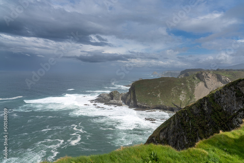 view of the rugged cliffs and coastline at Cabo Vidio in Asturias