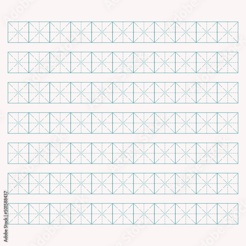 Workbook for writing hieroglyphs. Lined paper for printing. Geometric pattern for school. Realistic lined paper. Simulator for writing Chinese characters. Page of calligraphy exercises. Graph paper