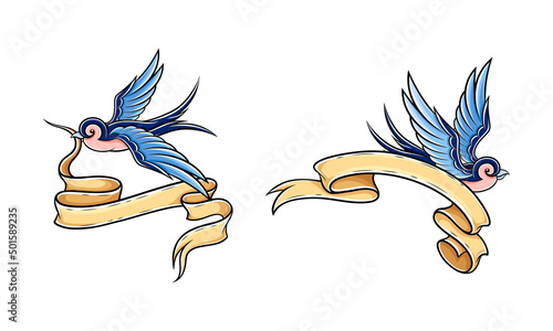 Blue swallow flying with blank banner set. Old school style tattoo hand drawn vector illustration