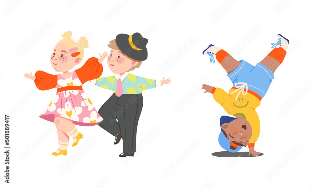 Little kids dancing set. Children dancing classical and modern dance cartoon vector illustration Little kids dancing set. Children dancing classical and modern dance cartoon vector illustration