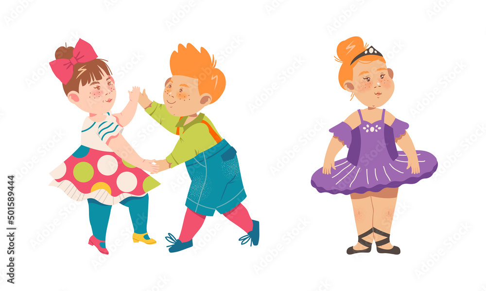 Little kids dancing set. Children dancing classical dance cartoon vector  illustration Stock Vector | Adobe Stock