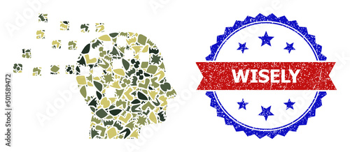Military camouflage collage of mind compilation icon, and bicolor textured Wisely watermark. Vector imprint with Wisely title inside red ribbon and blue rosette, scratched bicolored style. photo