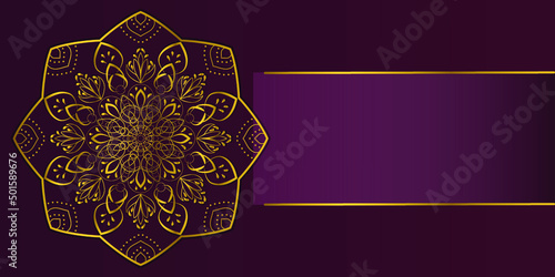 Design for invitation, business card, greeting card, banner with place for text. Golden arabesque arabic style islamic pattern background. Luxurious mandala. Vector illustration