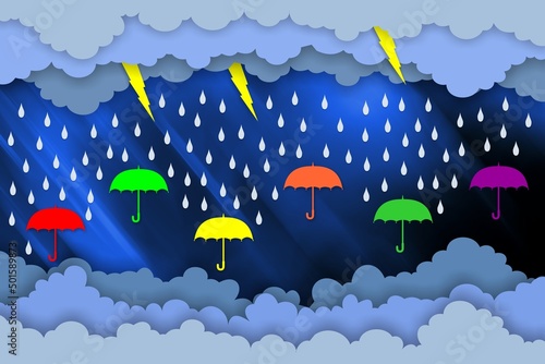 colorful umbrellas clouds and rain