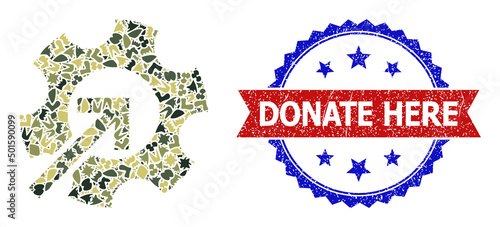 Military camouflage mosaic of gear integration icon, and bicolor dirty Donate Here seal stamp. Vector seal with Donate Here title inside red ribbon and blue rosette, distress bicolored style.