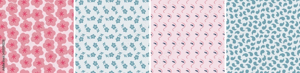 Set of vector seamless patterns. Floral and abstract shapes