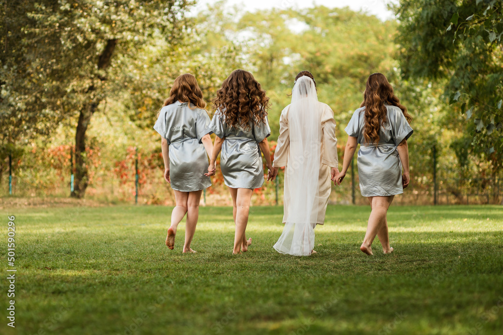 bridesmaids and bride walk on the lawn, morning of the bride bridesmaids and bride walk on the lawn, morning of the bride