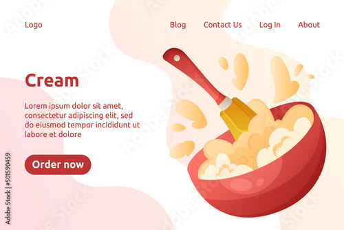 Beating cream in the bowl vector cartoon landing page template. Bakery website design. Kitchenware, cooking utensil. Cooking process with culinary spatula.