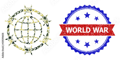 Military camouflage composition of barbed wire globe icon, and bicolor scratched World War seal stamp. Vector imprint with World War caption inside red ribbon and blue rosette,