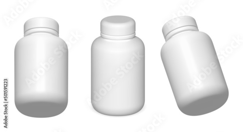 White plastic pill bottle. Medical supplement container 3d blank. Pill jar white blank template. Pharmacy tablet can set. Pharmaceutical product packaging. Antibiotic remedy capsule bottle