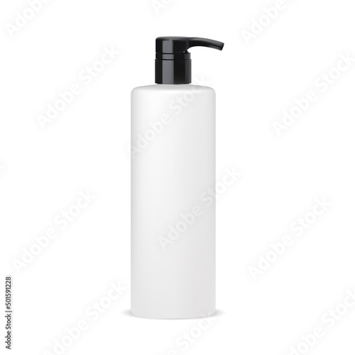 Pump bottle. Cosmetic shampoo dispenser container mockup. Sanitize foam plastic package with valve, sanitary antibacterial product template. Pump dispenser valve vial, shower gel