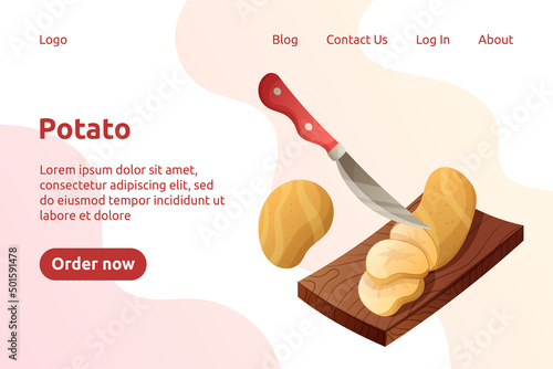 Kitchen knife slice potato on wooden cutting board vector cartoon landing page template. Slicing vegetables. Prepare for cooking. Chopped fresh nutrition website concept.