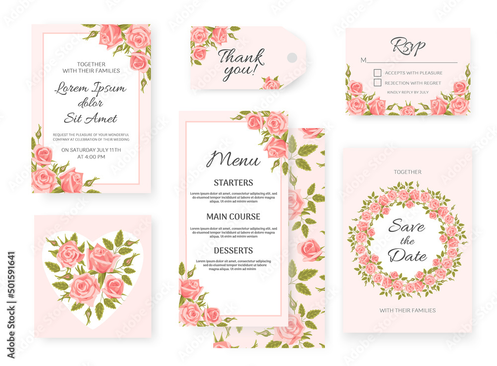 A set of classic templates for a wedding. Elegant pink roses. For invitation, rsvp, save the date, frames, vintage style cards, design elements