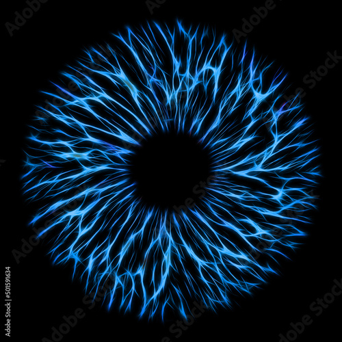Fotografie Illustration of a blue electrify human iris on black background