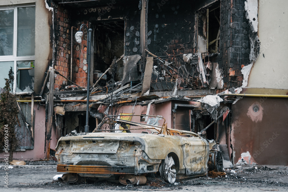 IRPIN, Kyiv REGION / UKRAINE - 25.04.2022: destroyed houses of civilians. russia's war against Ukraine IRPIN, Kyiv REGION / UKRAINE - 25.04.2022: destroyed houses of civilians. russia's war against Ukraine