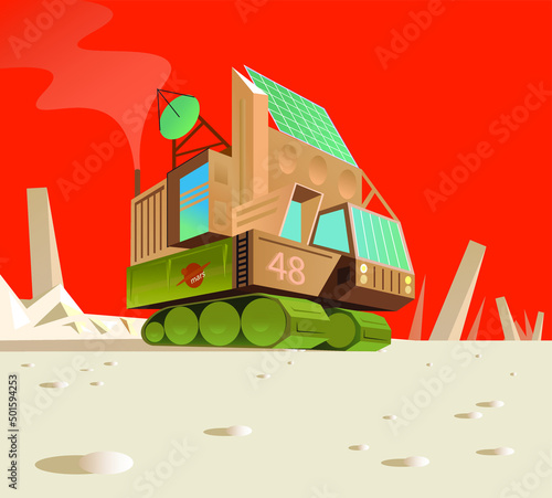Sci fi vehicle on a caterpillar tread exploring a planet surface, futuristic mars colonization rover, concept art, space lander, vector illustration