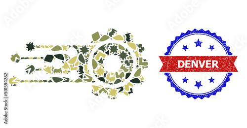 Military camouflage composition of transition gear icon, and bicolor unclean Denver watermark. Vector watermark with Denver caption inside red ribbon and blue rosette, scratched bicolored style.